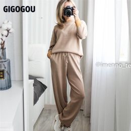 GIGOGOU Knitted Drape Wide-Leg Pant Suit Winter Warm Two piece Sets Y2K Women Sweater Tracksuits Long Straight Trousers Outfits 211007