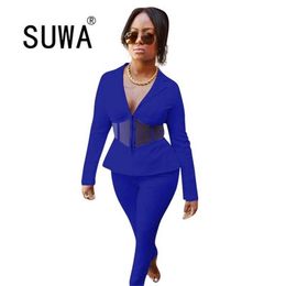 High Street Fashion Women Two Piece Sets Long Sleeve Mesh Patchwork Top Tunic Skinny Pencil Pants Office Wear Sexy Outfits 210525