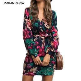 Sexy Floral Print Long sleeve Mini Short Dress Women Cross Deep V neck Party Dresses Package hips Slim fit Vestidos 210429