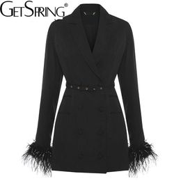 GETSPRING Women Blazer dress elegant Long Black Feather Coats Jacket suit double breasted Bandage outfit Spring autumn 211006