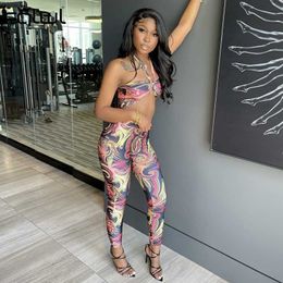 FQLWL Summer Sexy Print 2 Two Piece Sets Women Outfits 2021 Halter BacklCrop Top Skinny Pants Suits Clubwear Matching Sets X0709