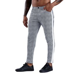 Casual Mens Chinos Cotton Slim Fit Men Pants Trousers Skinny Chinos Pants Grey Ankle Length Streetwear Plaid Side Stripe Pants 210723