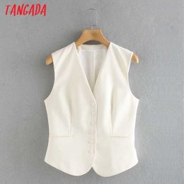 Tangada women white waistcoat vest coat buttons back belt ladies short style sleeveless blazer top CE526 210609