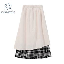 Elegant Knit Rib Skirt Women Spliced Plaid Elastic High Waist Spring and Autumn Retro Holiday Chic Buttom Female Skirt 210417