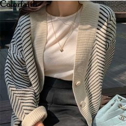 Colorfaith Women's Knitwear Winter Spring Striped V-Neck Cardigans Buttons Oversize Korean Style Lady Sweaters Tops SWC3033 211011