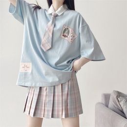 Preppy Japan Jk Uniform Skirt Suit Soft Girl Cute Rabbit Print Short-sleeved T-shirt + Grid Pleated Suit/single Piece 220302