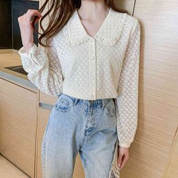 Korean Women Shirt Chiffon Blouses for Hollow Out s Tops Woman White Lace Peter Pan Collar Blouse Female Top OL 210427