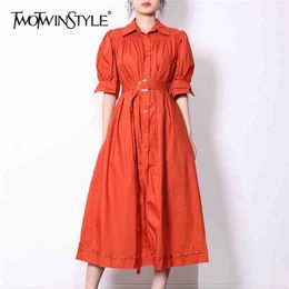 Vintage Orange Dress For Women Lapel Half Sleeve High Waist Sashes Slim Midi Dresses Female Summer Fashion 210520