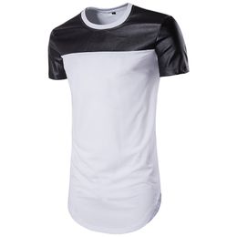 Men's T-shirts New Summer Men Round Neck Short Sleeves High Street Arc Bottom Plain Patchwork Leather t - Shirt