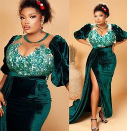 Aso Ebi 2022 Arabic Plus Size Dark Green Mermaid Prom Dresses Lace Sheer Neck Evening Formal Party Second Reception Birthday Engagement Gowns Dress ZJ225