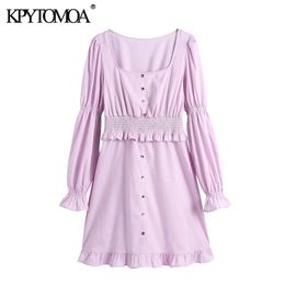 Women Sweet Fashion With Buttons Ruffled Mini Dress Vintage Long Sleeve Elastic Waist Female Dresses Vestidos 210416