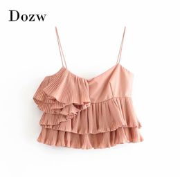 Women Sweet Spaghetti Strap Pink Tops Summer Sexy Sleeveless Backless Ruffles Camis Ladies Stylish Party Top Shirt 210414