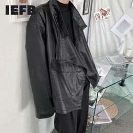 IEFB Niche design placket asymmetric fashion loose PU leather black thick padded jacket for men loose oversized coat 9Y4663 210524