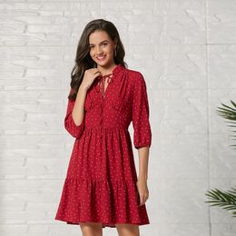 lace up polka dot summer dress women elegant ladies office red short dress plus size vintage spring dress vestidos 210415