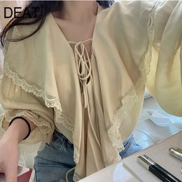 V-neck Collar Solid Color Long Pleated Sleev Top Silk Cotton Loose Lace Bandage Pullover Shirt Women Spring GX742 210421