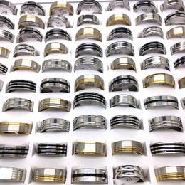 Wholesale 50pcs Mens Womens Band Rings Mixed Styles Striped Pattern Stainless Steel Ring Fashion Jewellery Party Gifts Silver Gold Black Multicolor