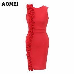 Women's Slim Sleveless Ruffled Dress Office Ladies Tight Tank Sun Dresses Bodycon Robe Spring Fashion Arrival 210416