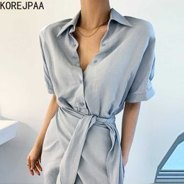 Korejpaa Women Dress Summer Korean Fashion Elegant Commute Solid Lapel Single-breasted Irregularly Tied Loose Shirt Dresses 210526