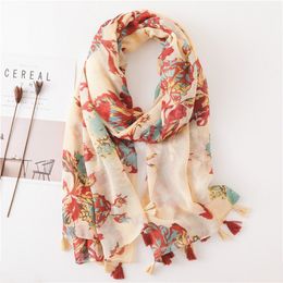 Tassels Floral Print Scarf Shawls Muslim Hijabs Cotton Large Size Head Wraps Fashion Headscarf Turbans