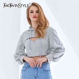 Casual Tunic Hollow Out Sweatshirt For Women Hooded Collar Lantern Long Sleeve Drawstring Grey Sweatshirts Female 210524