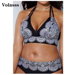 Swimwear High Waisted Two Piece Plus Size Large Fat Printed Swimsuit Women Back Chalaza Bikini Beach Bathing Suit 210611