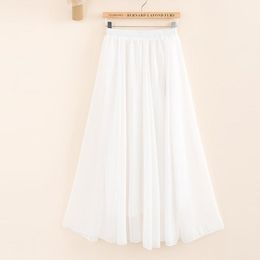 Two Layer Summer High Waist Vintage Pure Color Women Long Saias Femme Boho Chiffon Maxi Skirt White Skirts