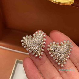 luxury- Love Heart Shaped Pearl Earring Tassel Crystal Zircon For Women Jewelry Girl Gift Fashion Simple Luxury Brand Gold Color Party