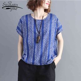 summer fashion plus size women blouse shirts vintage striped female clothing simple loose cotton linen blusas 0683 40 210521