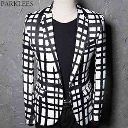 Black White Plaid Cheque Blazer Jacket Men Brand Slim Fit One Button Stylish Wedding Party Suits &Blazer Male Costume Homme 210522