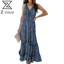 Women Dress V-neck Sleeveless Printing Beach Style es Plus Size Vintage Sexy Long Summer Fashion 210524