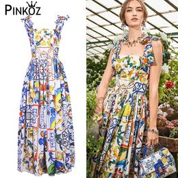 Fashion Runway Summer Dress Spaghetti Strap Backless Blue and White Porcelain Floral Print Long 210421