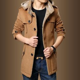 Men's Trench Coats WOQN Men Nice Winter Fashion Thick Jackets Fleece Slim Fit Hooded Coat Long Casual Plus Size