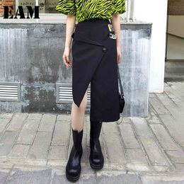 [EAM] High Elastic Waist Black Irregular Single Button Half-body Skirt Women Fashion Spring Summer 1DD8798 210512