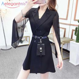 Aelegantmis Double Breasted Stylish Blazer Dress Women Black High Waist Slim Chiffon Sleeve Mini Short Dresses Ladies Vestidos 210607