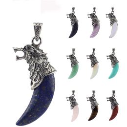 Natural Stone Wolfs Tooth Shape Creative Pendant Necklace Wolf Head Metal Retro Charm Jewellery Amethyst Rose Quartz Reiki Healing Crystal Hanging Accessory