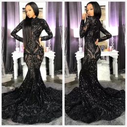 2022 Black Sequins Prom Dresses Long Sleeves Mermaid Floor Length High Neck Custom Made Plus Size Evening Gowns Formal Occasion Wear CG001