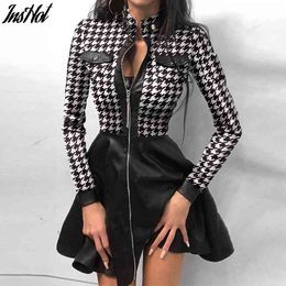 Sexy Stand Collar Print Zipper Long Sleeves Mini Dress Casual Autumn Winter Fashion Pocket Pu Leather Dress Elegant Slim Dresses 210514