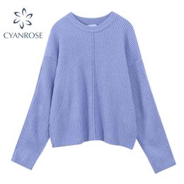 Candy Colour Sweater Women Loose Striped Vintage Knitwear Female O Neck Jumper Long Sleeve Knitted Tops Loose Leisure Lady 210417