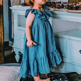 Children Cute Blue Loose Dresses 2021 New Comfortable Ruffle Floral Dress Summer Sleeveless Baby Girls Casual Dress Kids Clothes Q0716