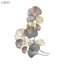 New Chinese Style Porch Rose Gold Apricot Leaf Light Luxury Plant Wrought Iron Wall Decoration Aisle Creative Wall Decoration 210414