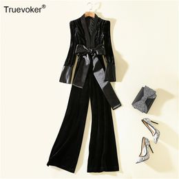Truevoker Designer Velour Long Jumpsuit Women's High End Fashion Autumn Full Sleeve Sexy V-Neck Black Velvet Rompers For Party 210602