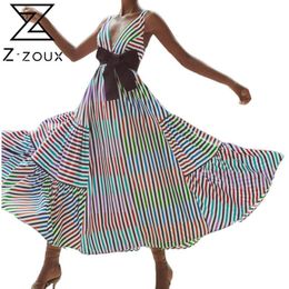 Women Dress Deep V Neck Stripe Printed Maxi Sleeveless Big Swing Spaghetti Strap es Plus Size Summer es 210524