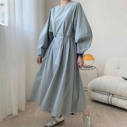 Female Spring Fashion Clothes Minimalist Dress Women O Neck Puff Sleeve High Waist Maxi Loose Dresses Laides Robe 210510