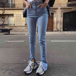 Autumn Women's Jeans High Waisted Simple Slit Washed Casual Light Blue Colour Zipper Cowboy Pants Trend 5A267 210427