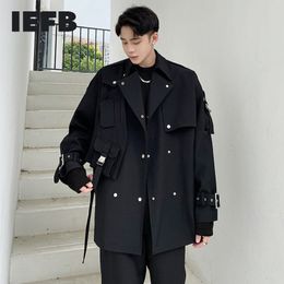 IEFB spring Autumn high quality mid length black windbreaker jackets for men loose handsome lace up cloth with belt 9Y4745 210524