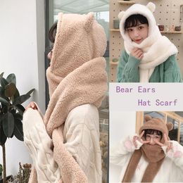 Winter Caps Women Novelty Warm Cute Bear Ear Hat Casual Plush Scarf Gloves Set Solid Fleece Cycling & Masks