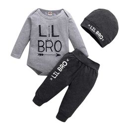 Spring Newborn Baby Boys Clothing Oddler Letter Printed Long-sleeved Romper+printed Trousers+hat Set 0-18m New Style G1023