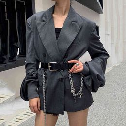 Women Gray Casual Ruched Blazer Notched Collar Long Sleeve Loose Fit Jacket Fashion Tide Spring Autumn GX935 210421