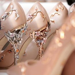 Women Pumps Pointed Toe Flower Heel Wedding Shoes Elegant Silk Design High Heels Ladies Drop Dress