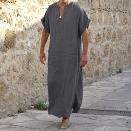 Ethnic Clothing Islamic Arabic Kaftan Men Shirts Linen Cotton Solid Short Sleeve Hooded Robes Dubai Middle East Muslim Clothes2373